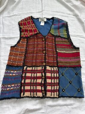 VTG Colorful Patchwork Knit Vest Granny Cottage Core, size XL